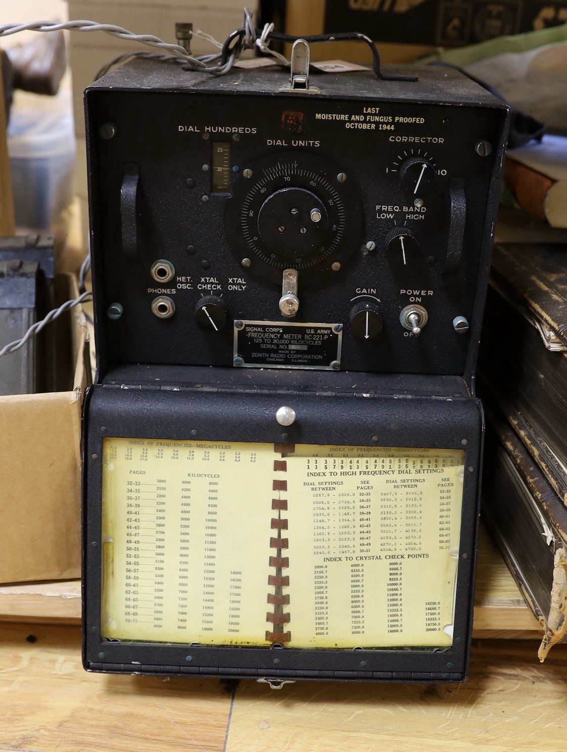 A collection of vintage military equipment, including a WWII British Tank Telescope Sight No. 33 MK III, two tank periscopes, a US Army Signal Corps Frequency Meter by Zenith and a Vandervell CAV Morse Code box (5)